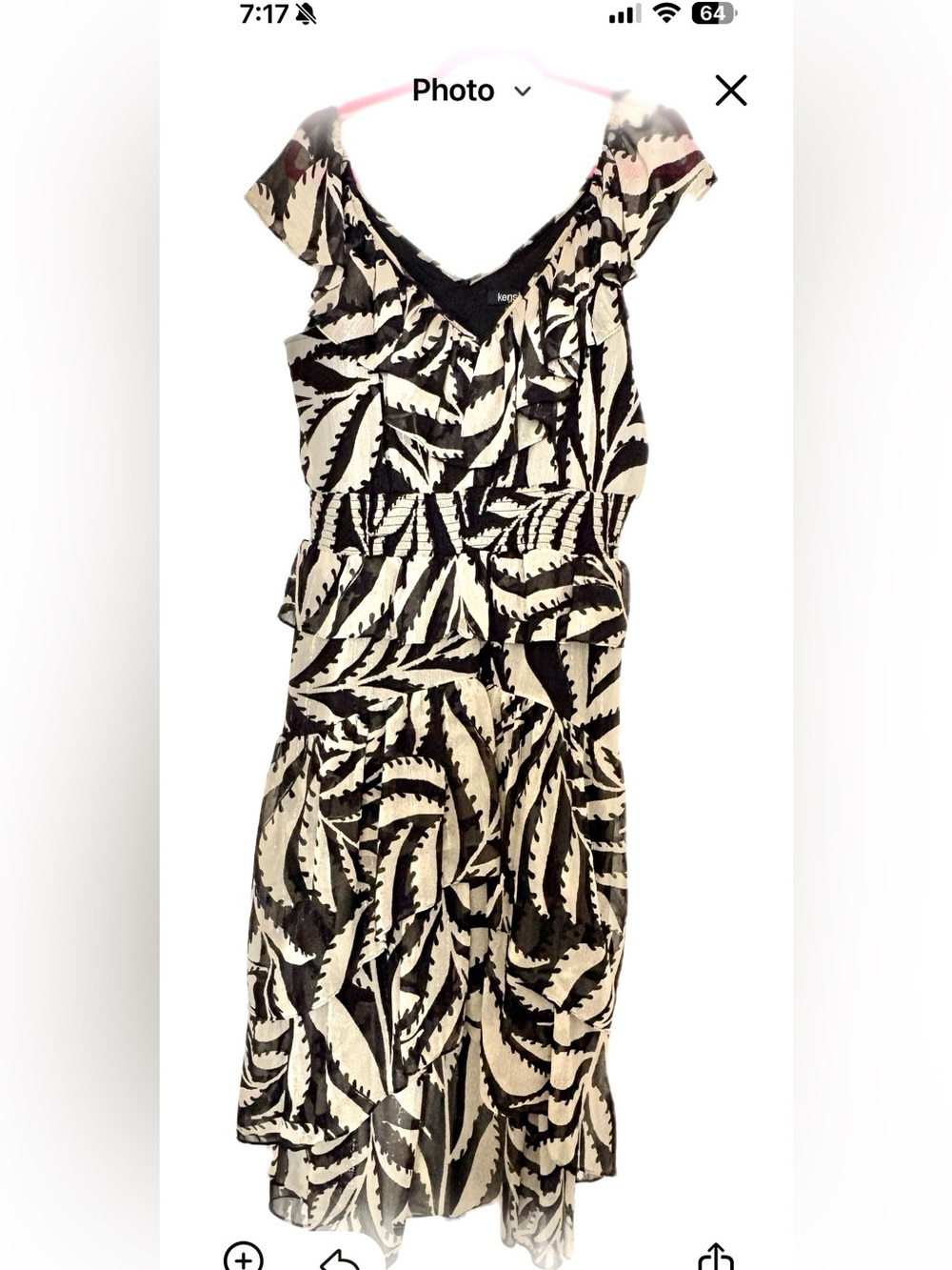 Kensie Black and Cream Leaf-Print Ruffle Dress (Roxie) from Macys